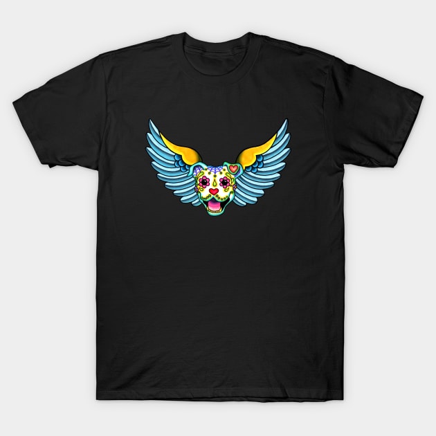 All Pit Bulls go to Heaven - Day of the Dead Winged Pitbull - Sugar Skull Angel T-Shirt by prettyinink